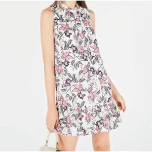 Maison Jules Women Small White Ruffle Floral Sleeveless Tie Neck Mini Dress NWT